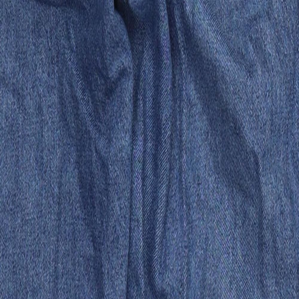 Brand and care label for Denim Co women’s blue cotton tapered jeans, size UK 4, 29-inch leg regular button