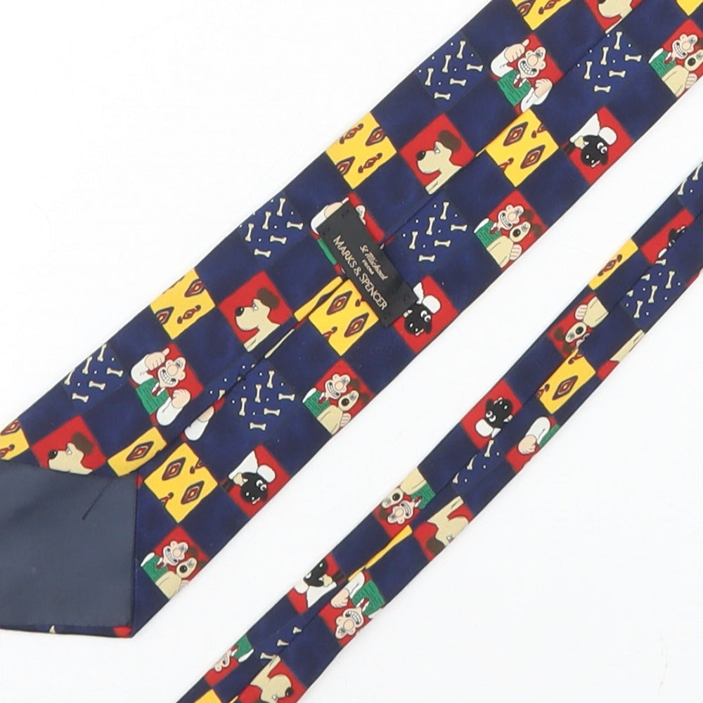 Brand and care label for Marks & Spencer men’s blue geometric polyester pointed tie one size - wallace and gromit