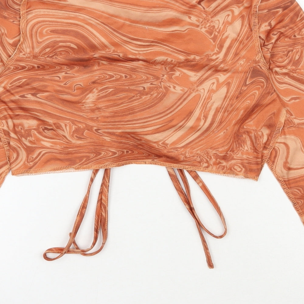 SheIn Womens Orange Geometric Polyester Cropped Blouse Size S V-Neck