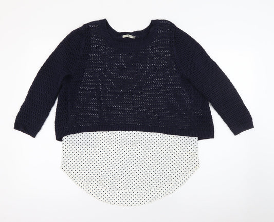 Additional front view of Tu women’s blue crew neck polka dot cotton jumper, size UK 10