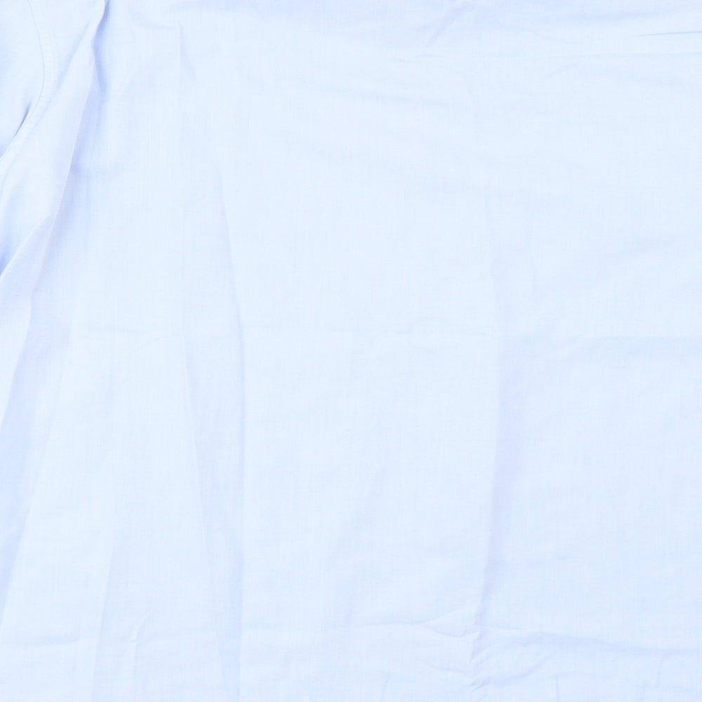 Brand and care label for Sfera Men men’s blue cotton dress shirt, size L, collared button