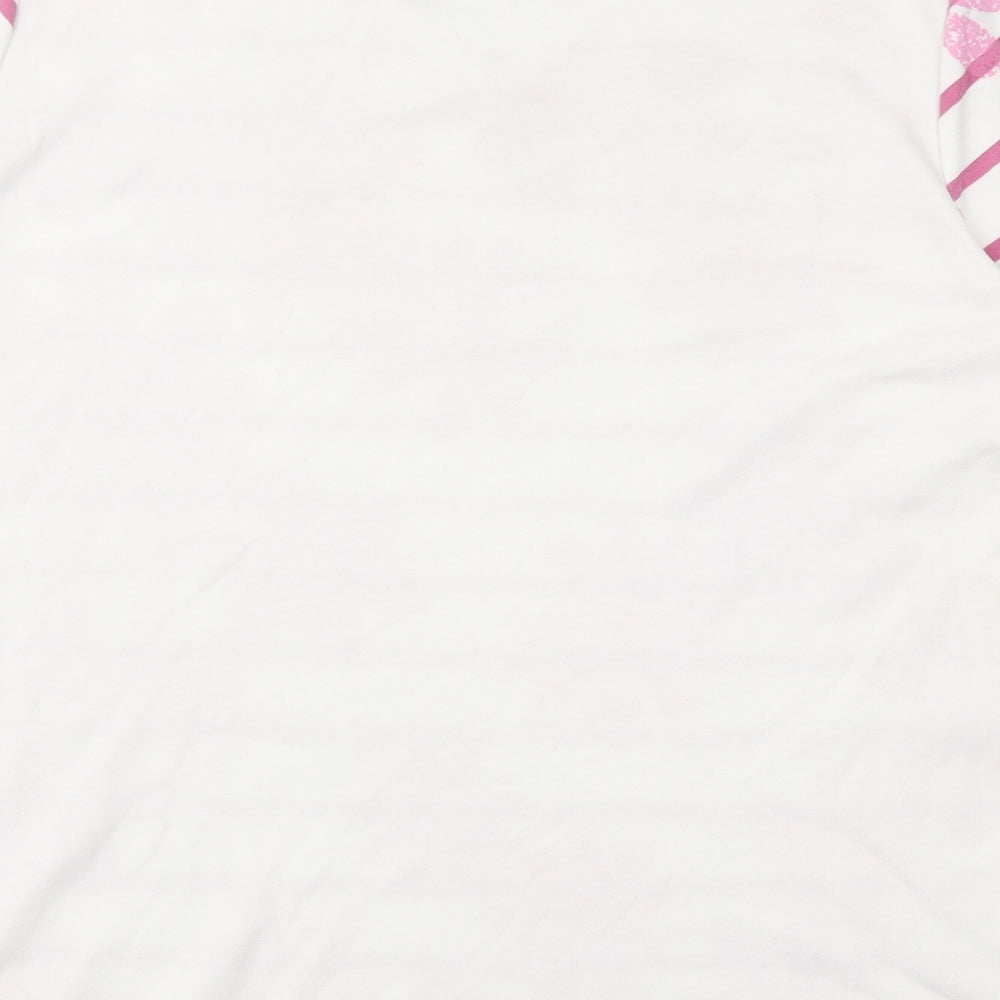 Brand and care label for Angelina women’s white floral polyester basic t-shirt, size L, v-neck