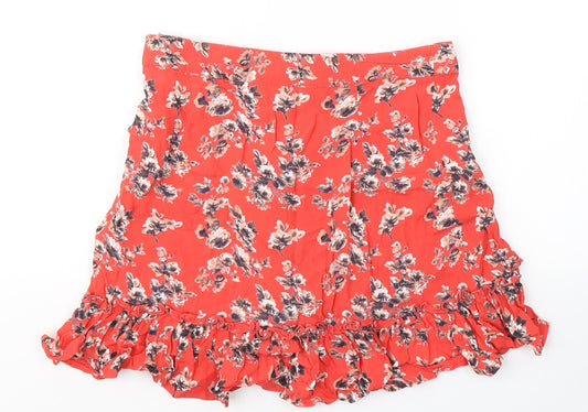 Topshop Womens Red Floral Viscose Flare Skirt Size 8 Zip