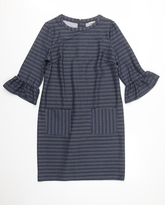 Additional front view of Tu women’s blue striped polyester shift, size UK 12, crew neck zip