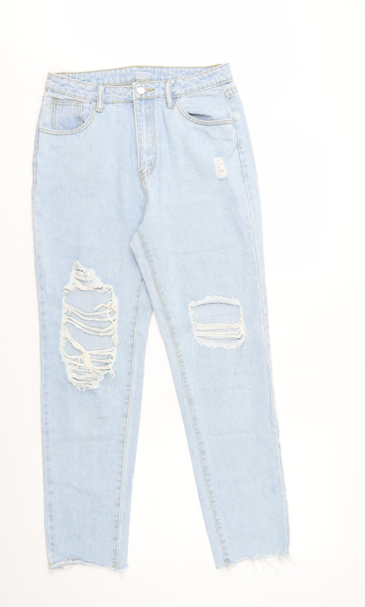Additional front view of SHEIN women’s blue cotton boyfriend jeans, size M, 27-inch leg regular button
