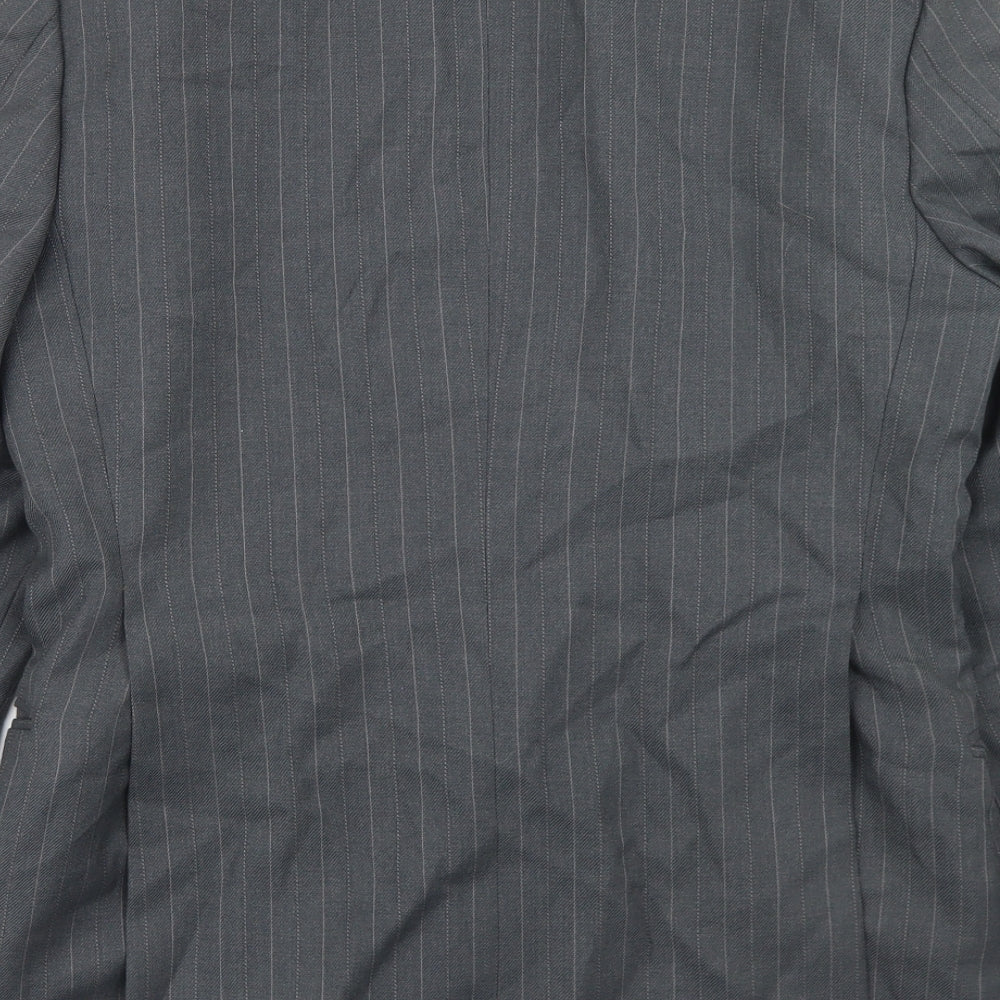 Brand and care label for Smart Alex men’s grey striped polyester jacket blazer, size 36