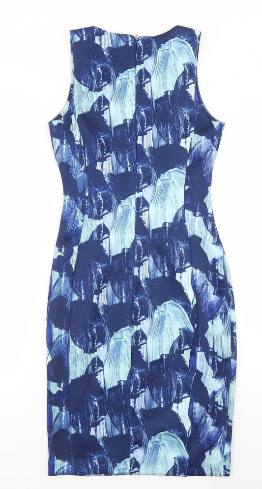 H&M Womens Blue Geometric Polyester Bodycon Size XS Round Neck Zip