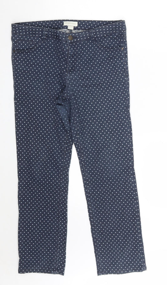 Additional front view of Monsoon women’s blue polka dot cotton straight jeans, size UK 10, 26-inch leg slim zip