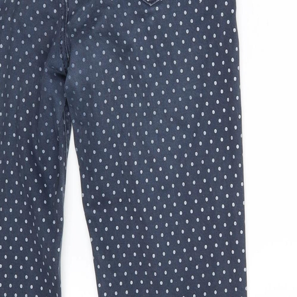Brand and care label for Monsoon women’s blue polka dot cotton straight jeans, size UK 10, 26-inch leg slim zip