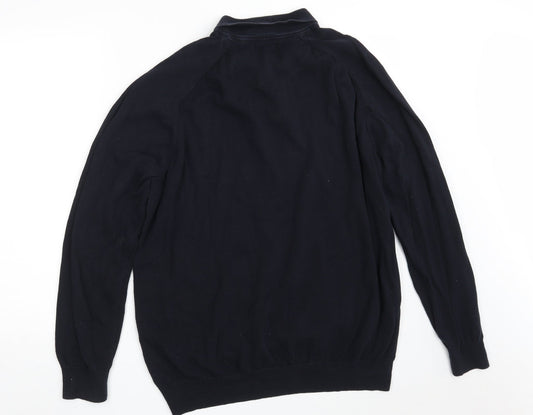 Easy Mens Blue Collared Houndstooth Cotton Pullover Jumper Size XL