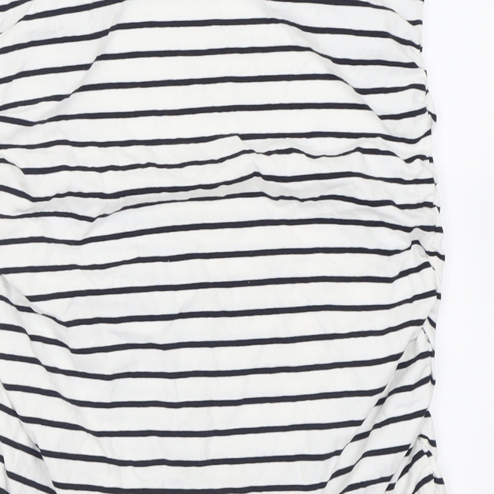 Brand and care label for Dorothy Perkins women’s white striped cotton straight & pencil skirt, size UK 12, - ruched sides
