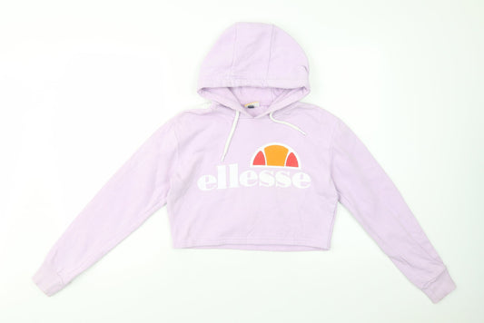 Additional front view of Ellesse women’s purple cotton pullover hoodie, size UK 8, pullover - cropped
