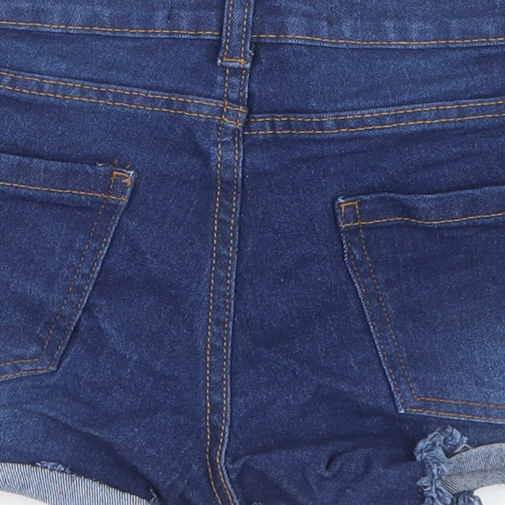 Brand and care label for Denim Co women’s blue cotton hot pants shorts, size UK 6, 3-inch leg regular button