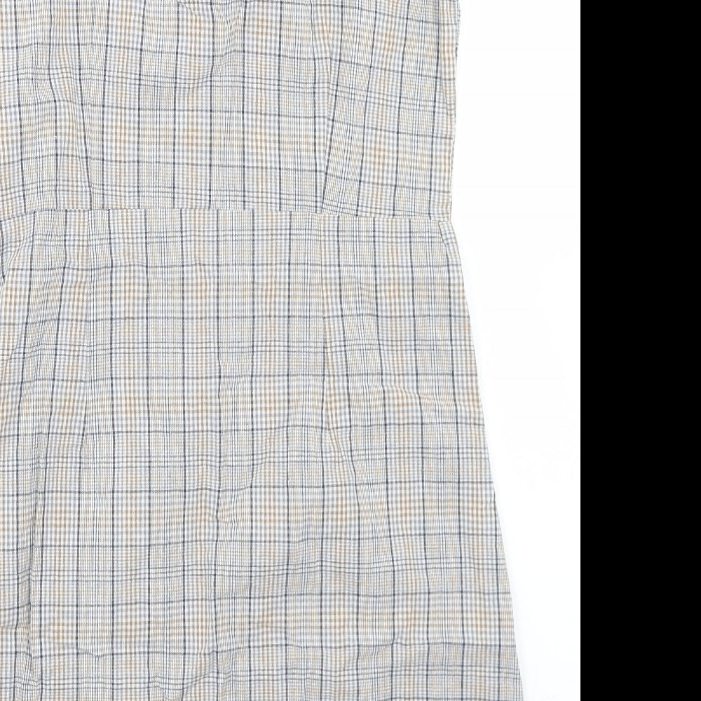 Brand and care label for QED London women’s beige plaid cotton pencil dress, size UK 12, v-neck zip