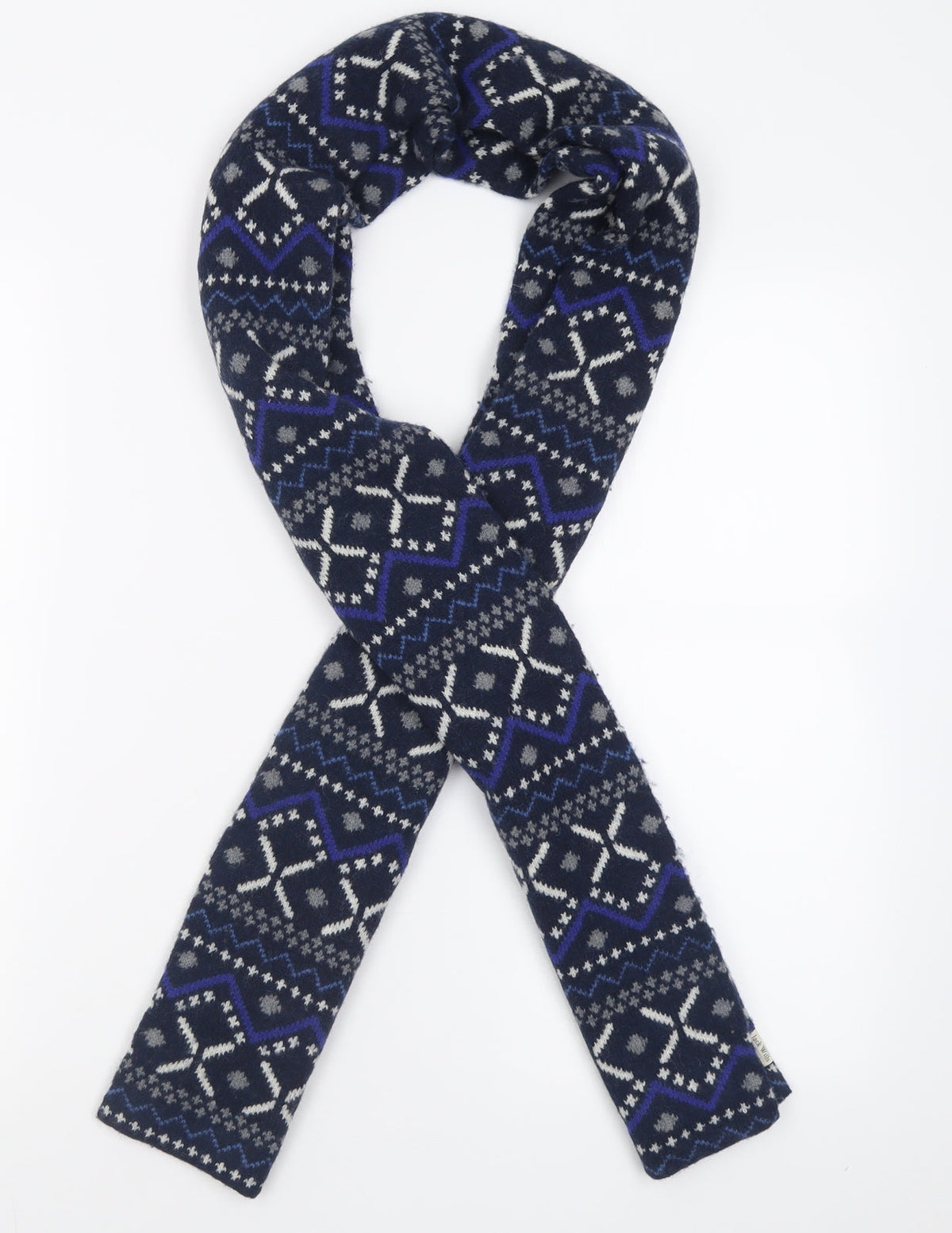 Front view of Jack Wills men’s blue geometric acrylic scarf one size