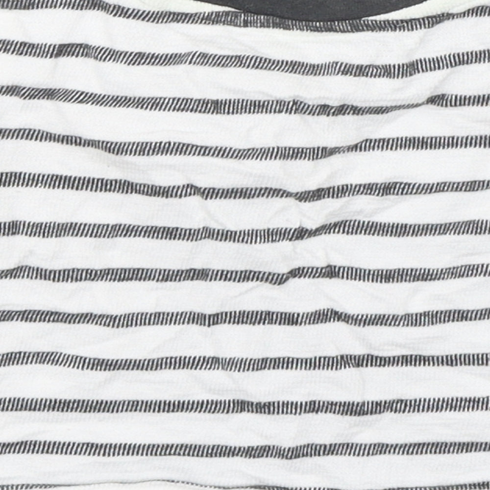 Brand and care label for Dunnes boys’ multicoloured striped cotton basic t-shirt, size 6-9, months round neck pullover