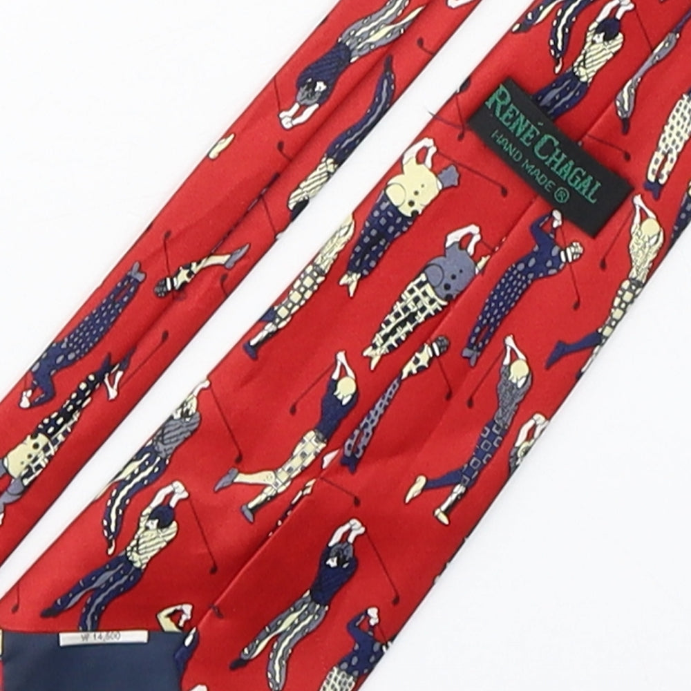 Brand and care label for Rene Chagal men’s red geometric silk pointed tie one size - golf