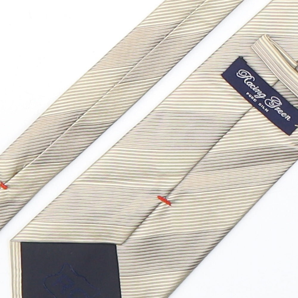 Brand and care label for Racing Green men’s gold striped silk pointed tie one size