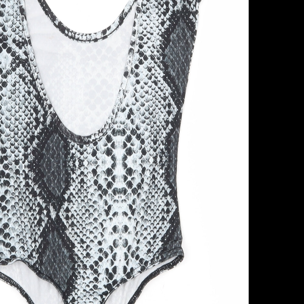 PRETTYLITTLETHING Womens Grey Animal Print Polyester Bodysuit One-Piece Size 8 Snap