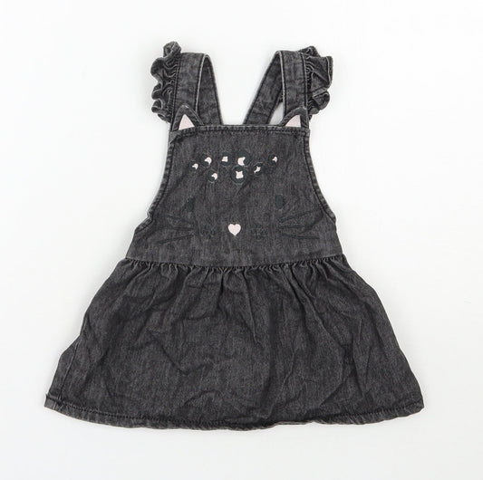F&F Girls Black 100% Cotton Pinafore/Dungaree Dress Size 9-12 Months Square Neck Button
