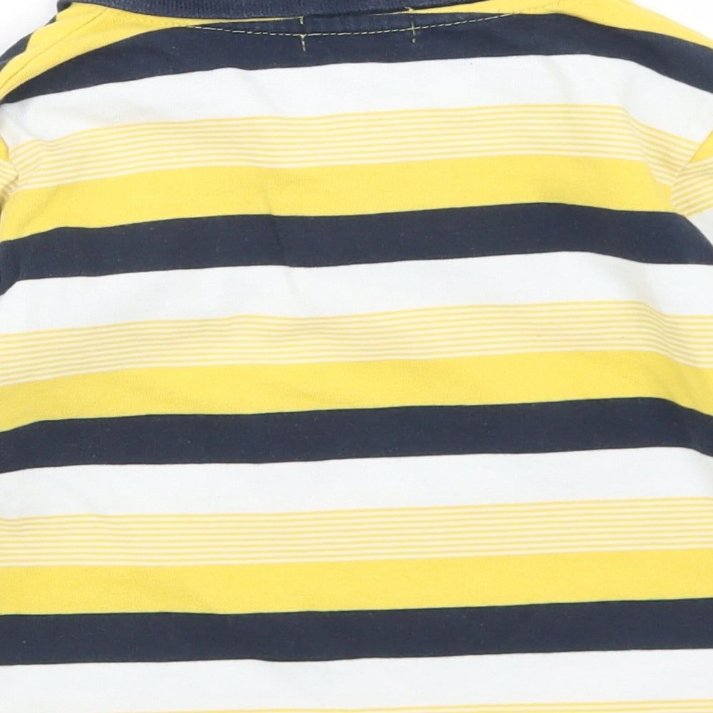 Brand and care label for Bennie Kids boys’ yellow striped cotton basic polo, size 2, years collared button