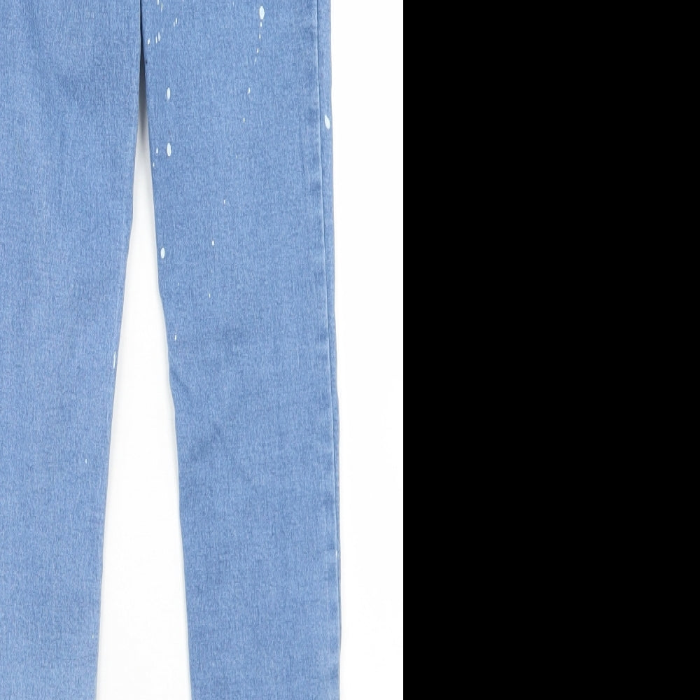 Zara Womens Blue Polka Dot Cotton Skinny Jeans Size 8 L25 in Regular Button - Paint Splatter Print