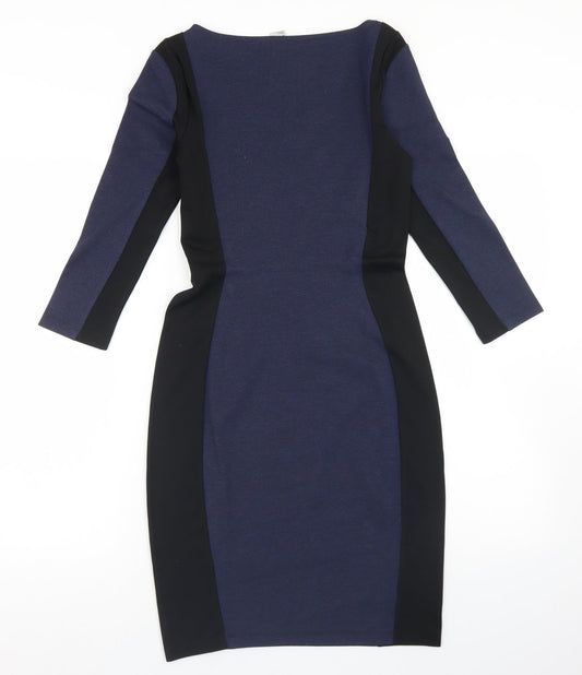 H&M Womens Blue Colourblock Viscose Bodycon Size XS Round Neck