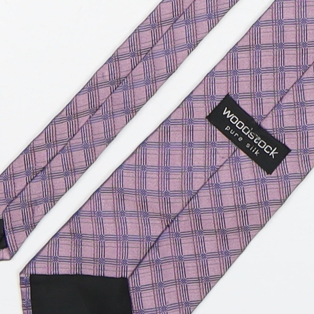 Brand and care label for Woodstock men’s pink plaids & checks silk pointed tie one size