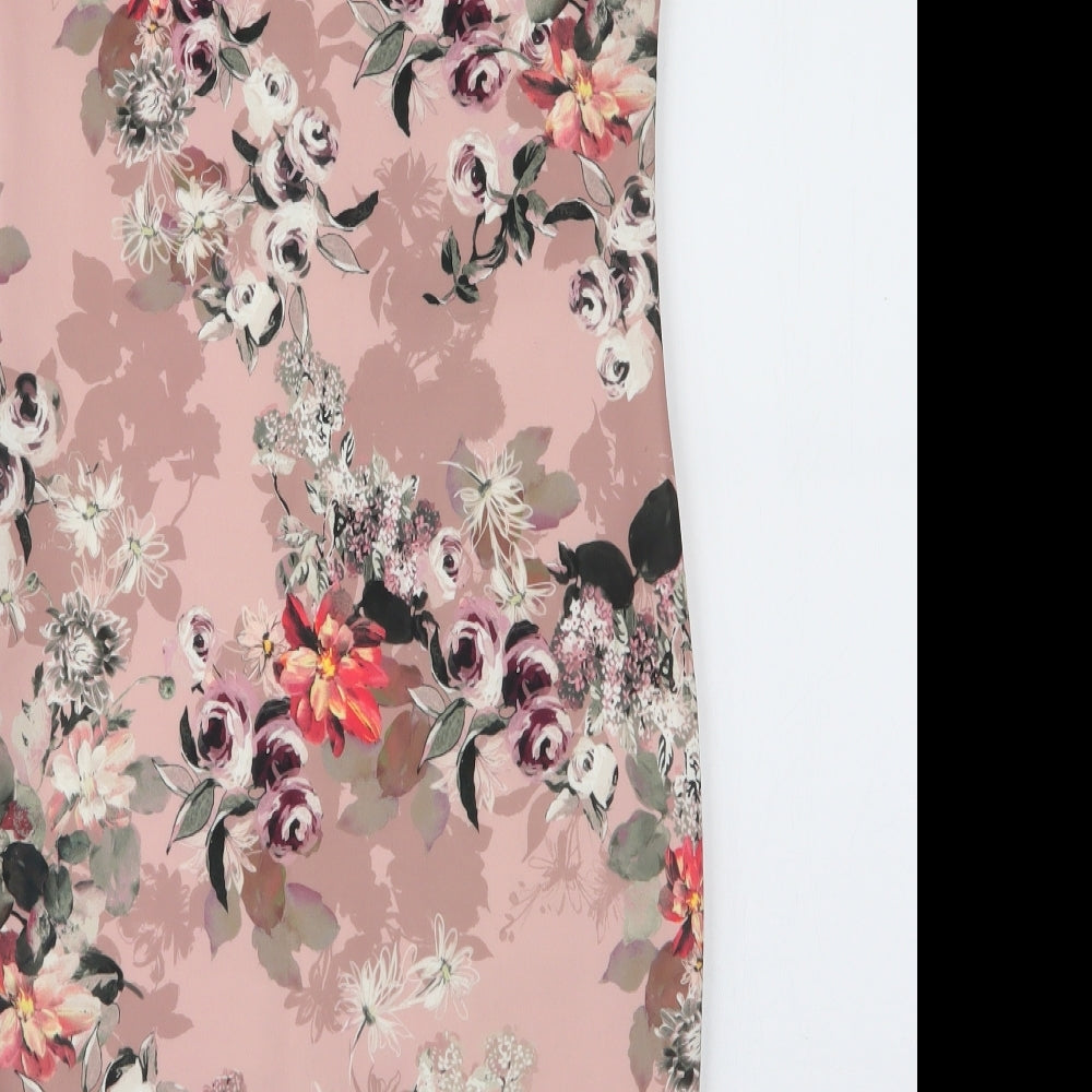 Brand and care label for Boohoo women’s pink floral polyester pencil dress, size M, off the shoulder pullover