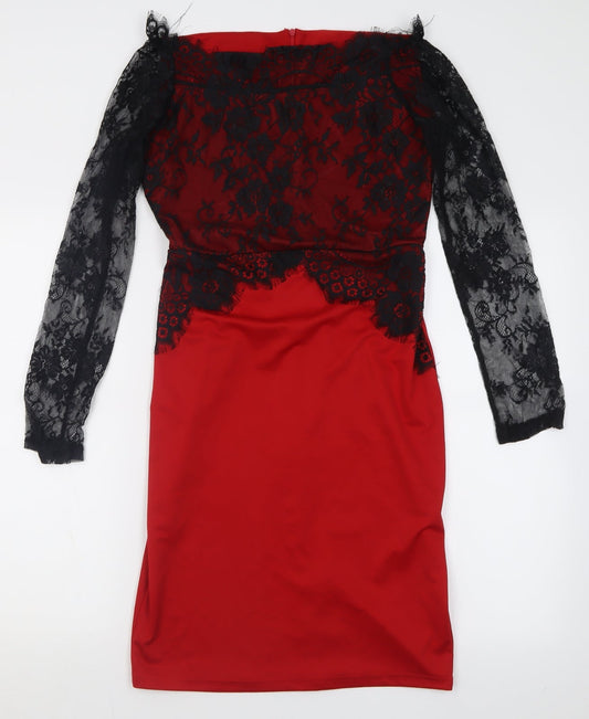 Additional front view of women’s red cotton bodycon, size L, off the shoulder zip - lace detail