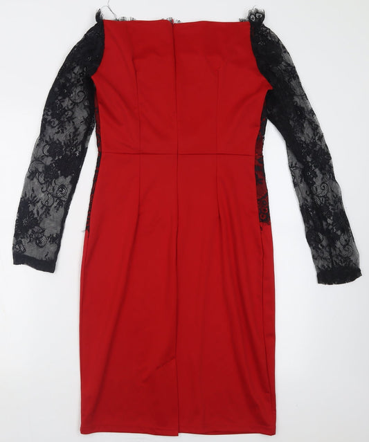 Preworn Womens Red Cotton Bodycon Size L Off the Shoulder Zip - Lace Detail