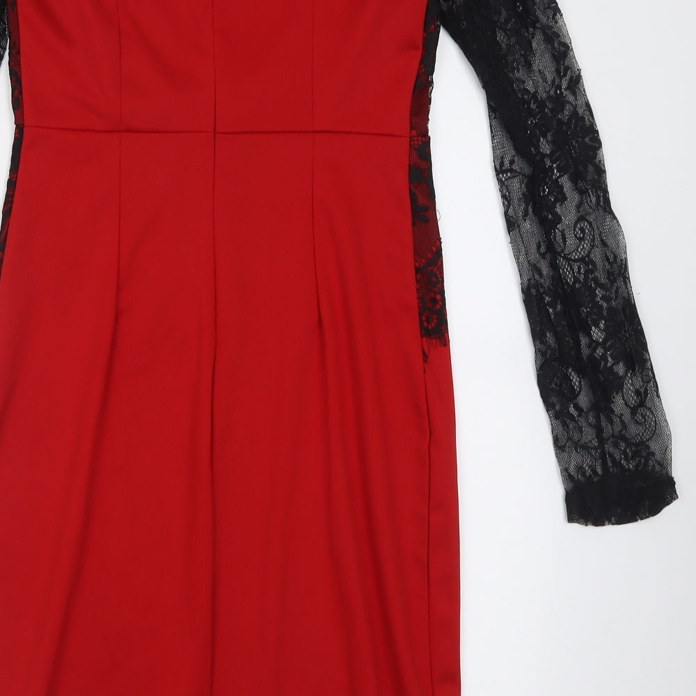Brand and care label for women’s red cotton bodycon, size L, off the shoulder zip - lace detail