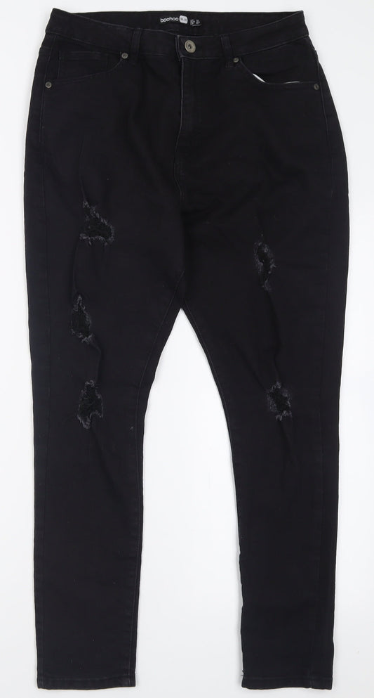 Additional front view of Boohoo women’s black cotton skinny jeans, size UK 14, 27-inch leg regular button