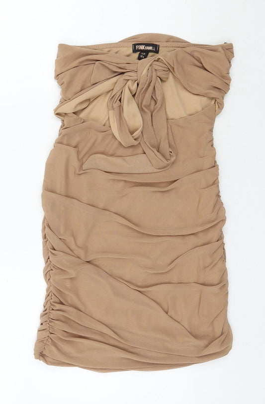 Additional front view of Pink vanilla women’s beige polyester mini, size UK 10, off the shoulder tie