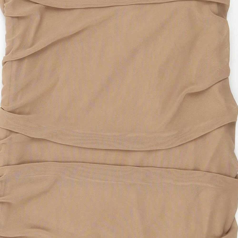 Brand and care label for Pink vanilla women’s beige polyester mini, size UK 10, off the shoulder tie
