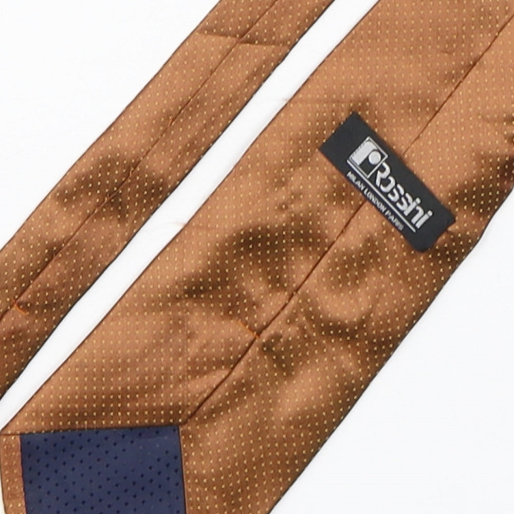 Brand and care label for Rossini men’s bronze polka dot polyester pointed tie one size