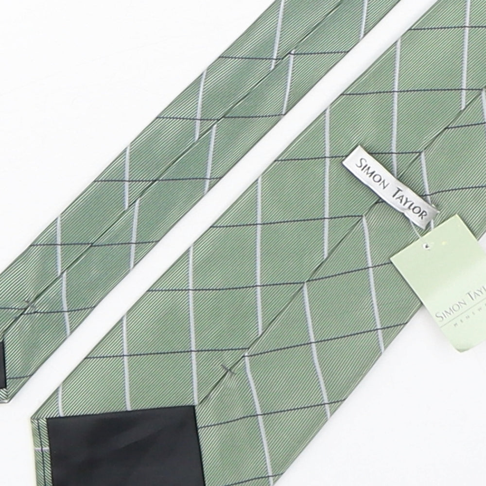Simon Taylor Mens Green Plaids & Checks Polyester Pointed Tie One Size