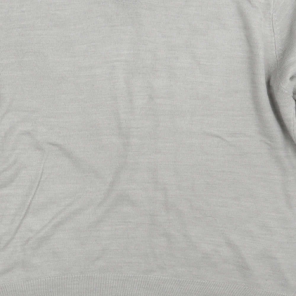 Brand and care label for Brave Soul men’s grey v-neck acrylic jumper, size L