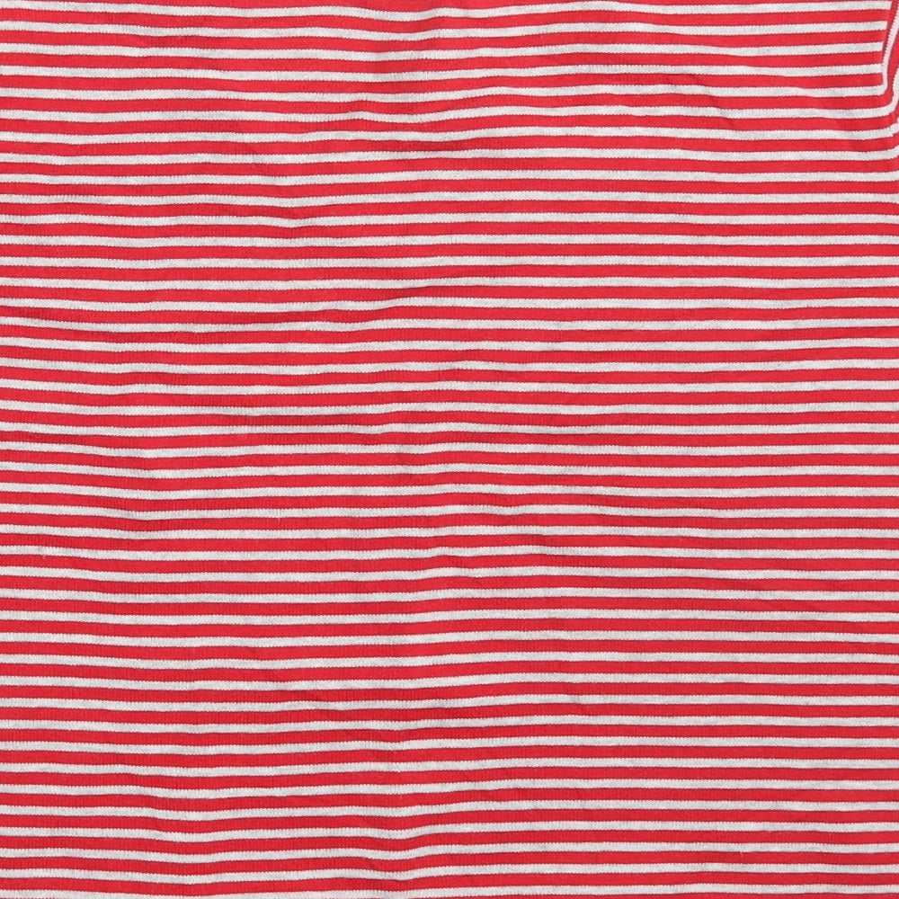 Brand and care label for LiQiMaNa women’s red v-neck striped acrylic jumper, size M