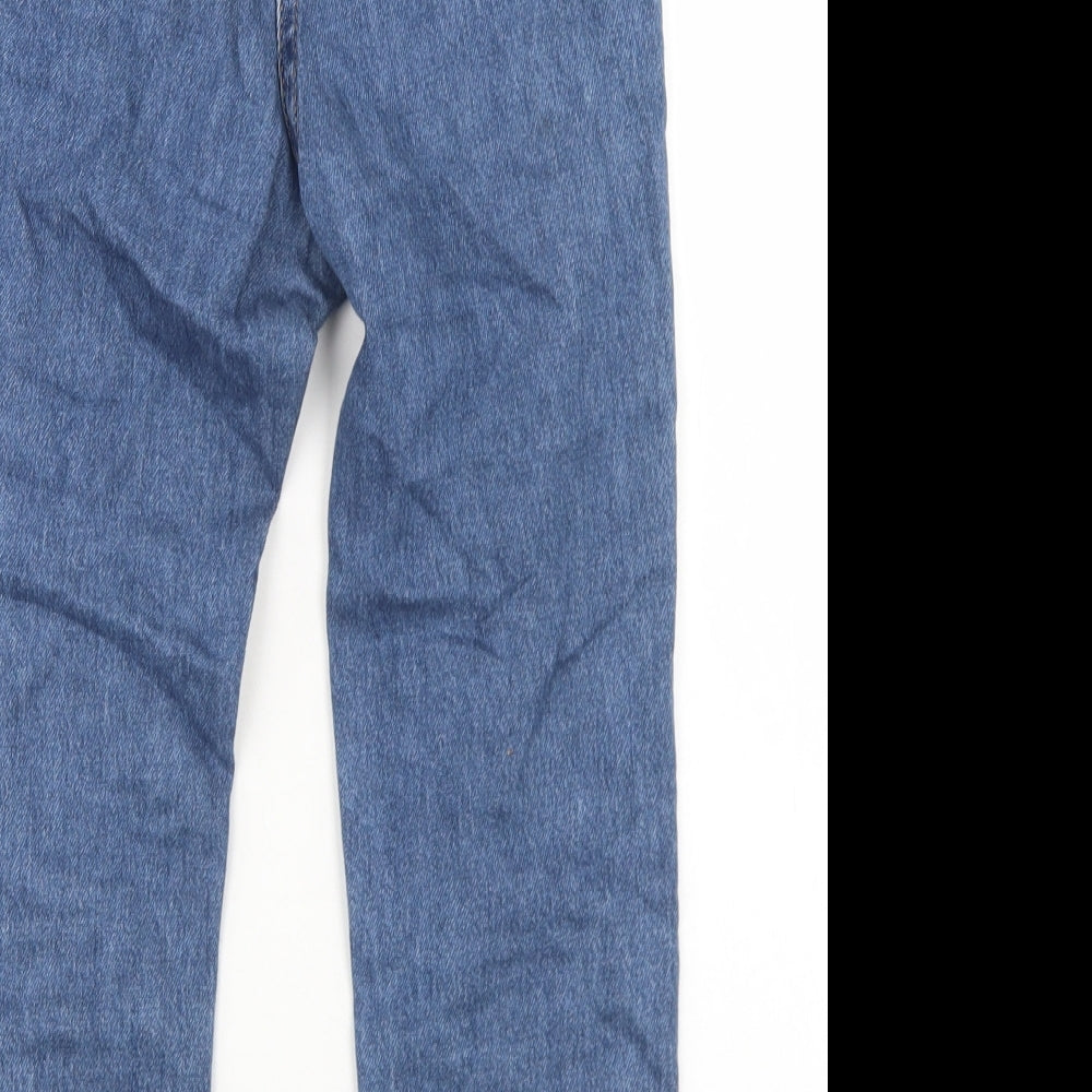 Brand and care label for Next girls’ blue patchwork cotton straight jeans, size 9, months regular button