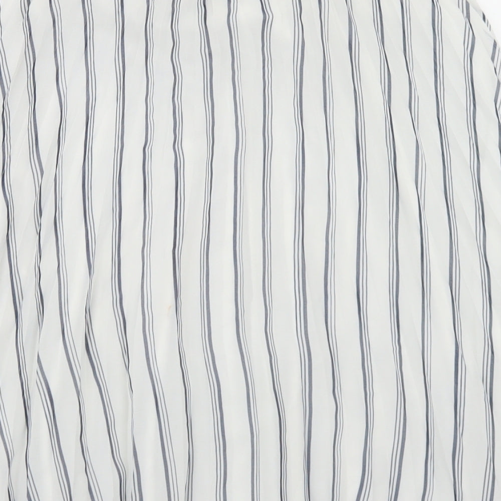 Brand and care label for Atmosphere women’s white striped polyester pleated skirt, size UK 8