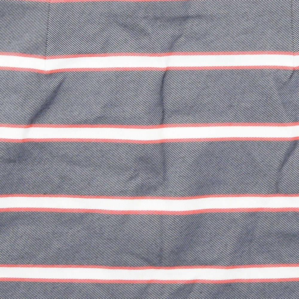 Brand and care label for Oasis women’s blue striped viscose a-line skirt, size S
