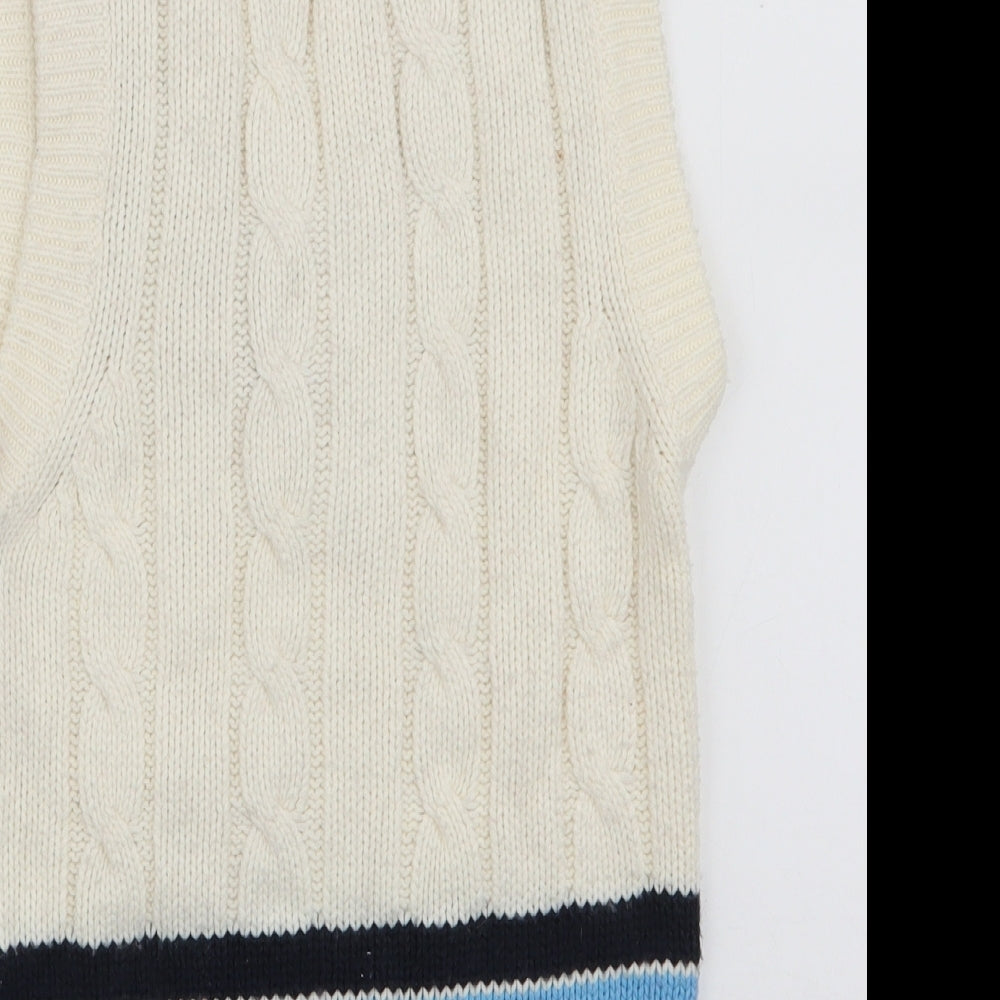 Brand and care label for GM women’s white v-neck striped acrylic jumper, size S