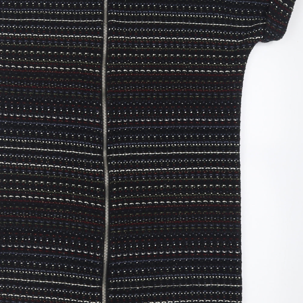 Brand and care label for Zara women’s multicoloured geometric cotton t-shirt dress, size XS, crew neck zip