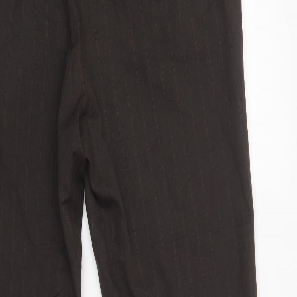 Brand and care label for Burton men’s brown striped polyester dress pants trousers, size 38, in, 31-inch leg regular button