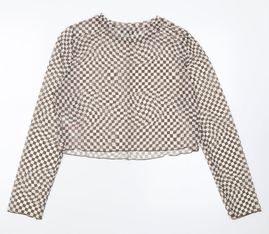 Primark Womens Brown Check Polyester Cropped T-Shirt Size L Crew Neck