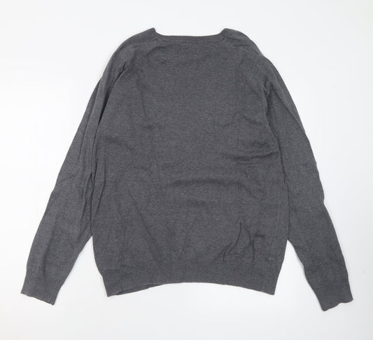 New Look Mens Grey V-Neck Cotton Pullover Jumper Size L