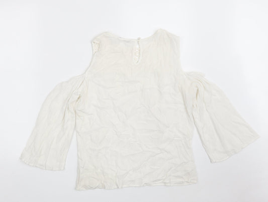 TU Womens White Floral Viscose Basic Blouse Size 14 Round Neck