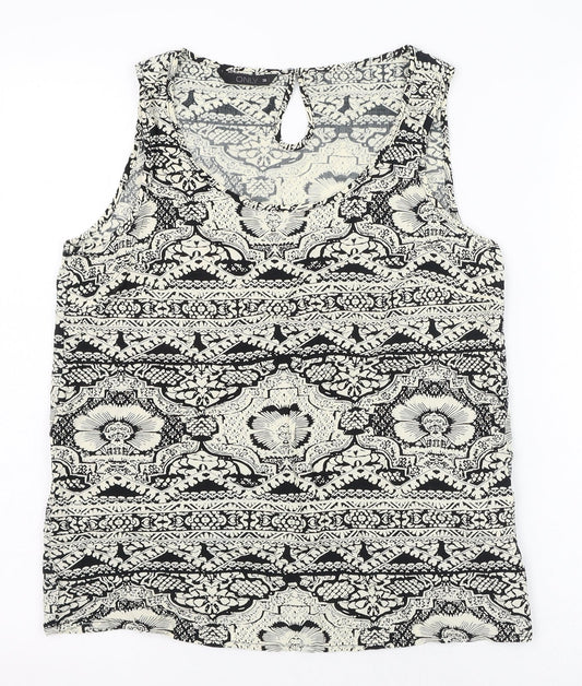 Only Womens Black Geometric Viscose Basic Tank Size 8 Scoop Neck