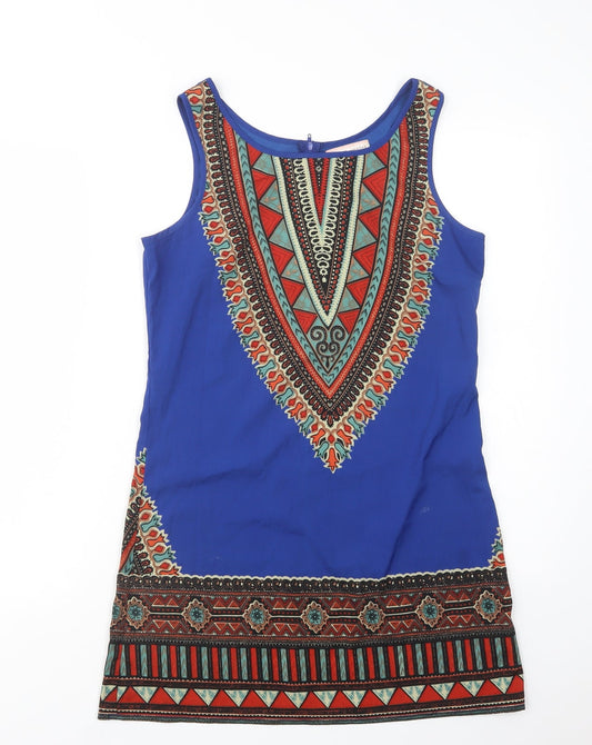 Band of Gypsies Womens Blue Geometric Polyester Tank Dress Size S Scoop Neck Zip